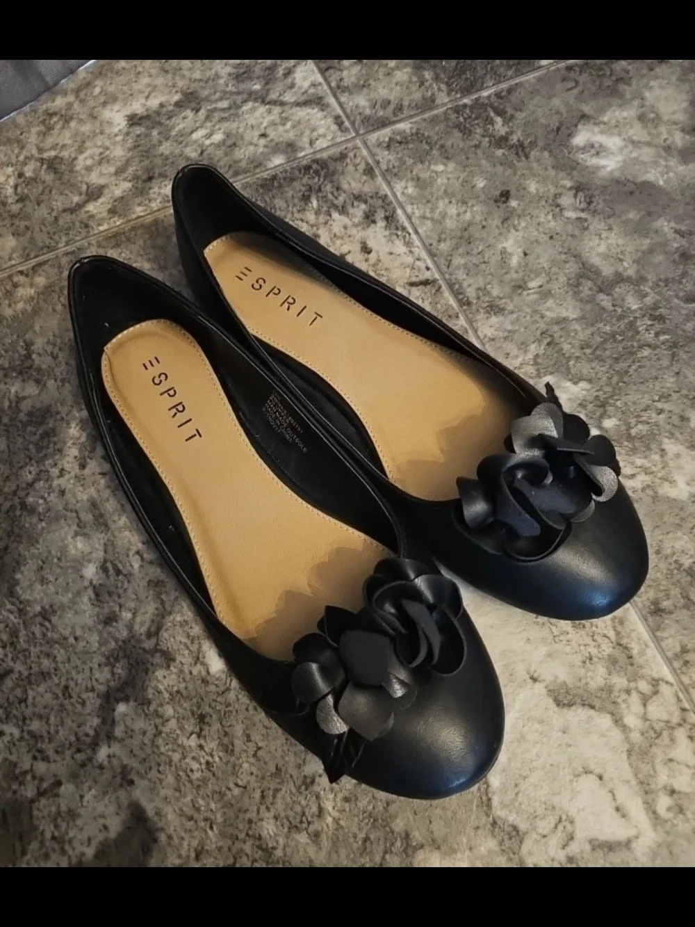 Esprit Black Floral-Trim Ballet Flats Size 10 EUC